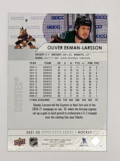 Oliver Ekman-Larsson Upper Deck 2021 NHL Card #9 Arizona Coyotes Back