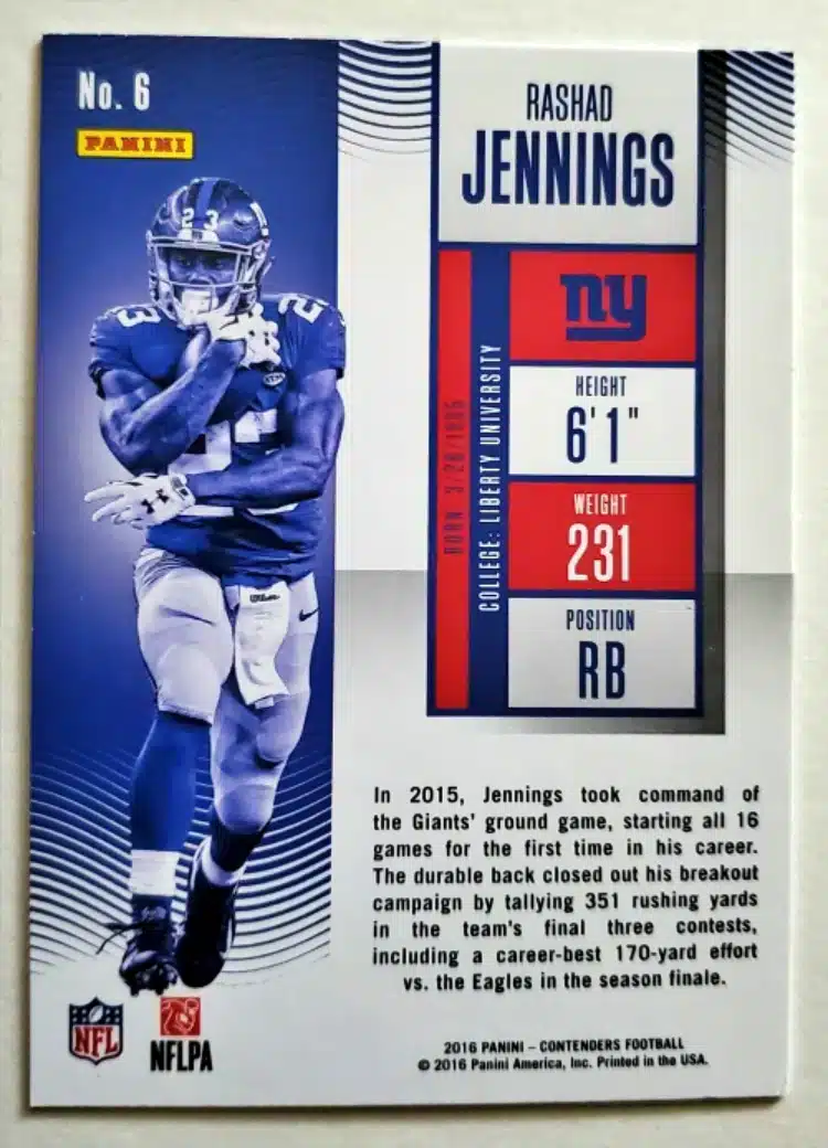 Rashad Jennings Panini Contenders 2016 Card #6 back