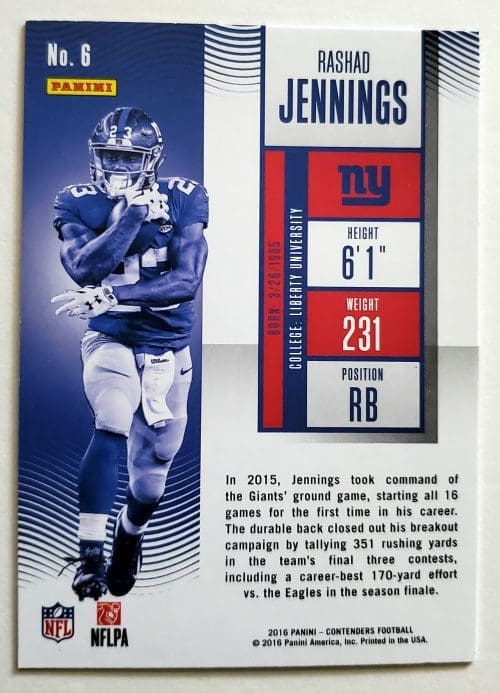 Rashad Jennings Panini Contenders 2016 NFL Trading Card #6 New York Giants Back