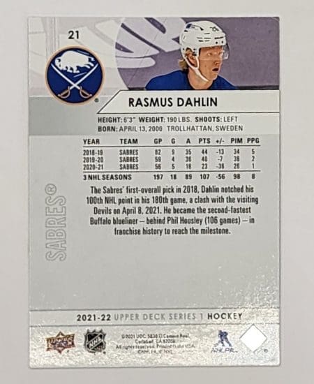 Rasmus Dahlin Upper Deck 2021 NHL Card #21 Buffalo Sabres Back