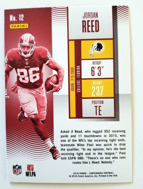 Jordan Reed Panini Contenders 2016 NFL Trading Card #12 Washington Commanders Back