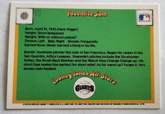 Yosemite Sam Upper Deck 1990 Looney Tunes All-Stars Trading Card #8 Back