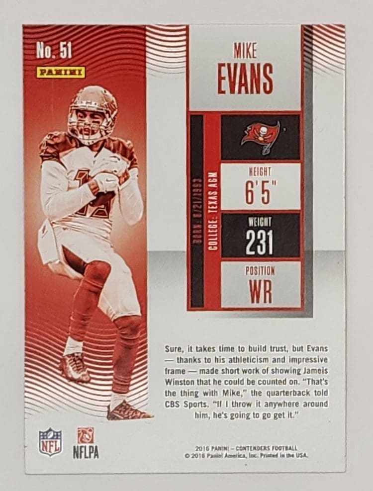 Mike Evans Panini Contenders 2016 NFL Trading Card #51 Tampa Bay Buccaneers Back
