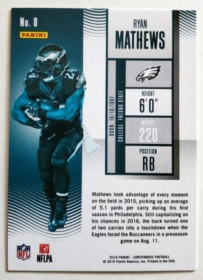 Ryan Mathews Panini Contenders 2016 NFL Trading Card 8 Philadelphia Eagles Back