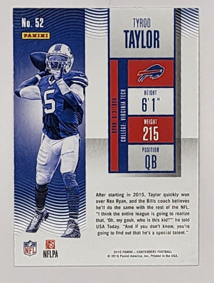 Tyrod Taylor Panini Contenders 2016 NFL Trading Card #52 Buffalo Bills Back