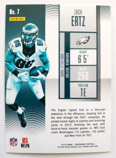 Zach Ertz Panini Contenders 2016 NFL Trading Card 7 Philadelphia Eagles back
