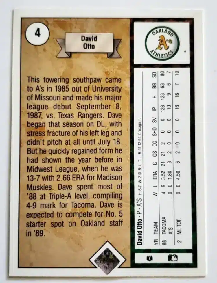 David Otto Upper Deck 1989 Card #5 Back