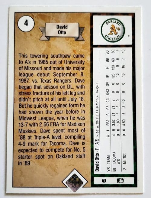 David Otto Rookie Upper Deck 1989 Card #4 Oakland A's Back