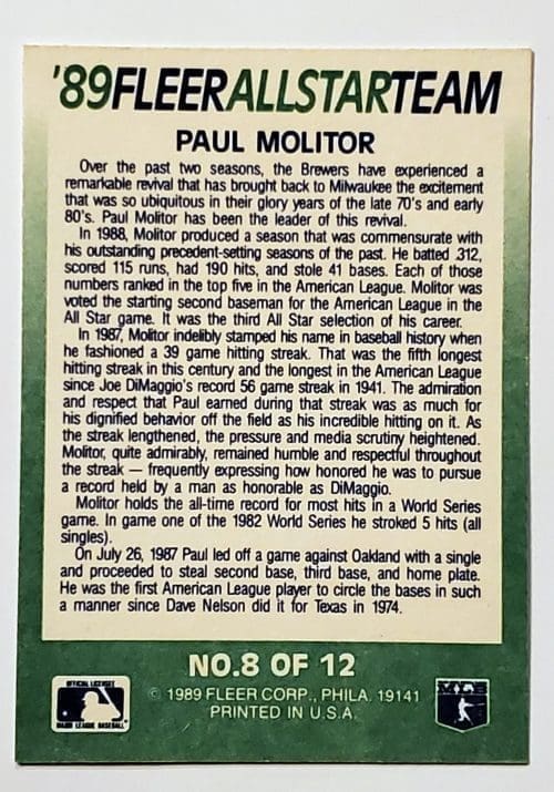 Paul Molitor Fleer 1989 "All-Star Team" MLB Trading Card #8 of 12 Brewers Back