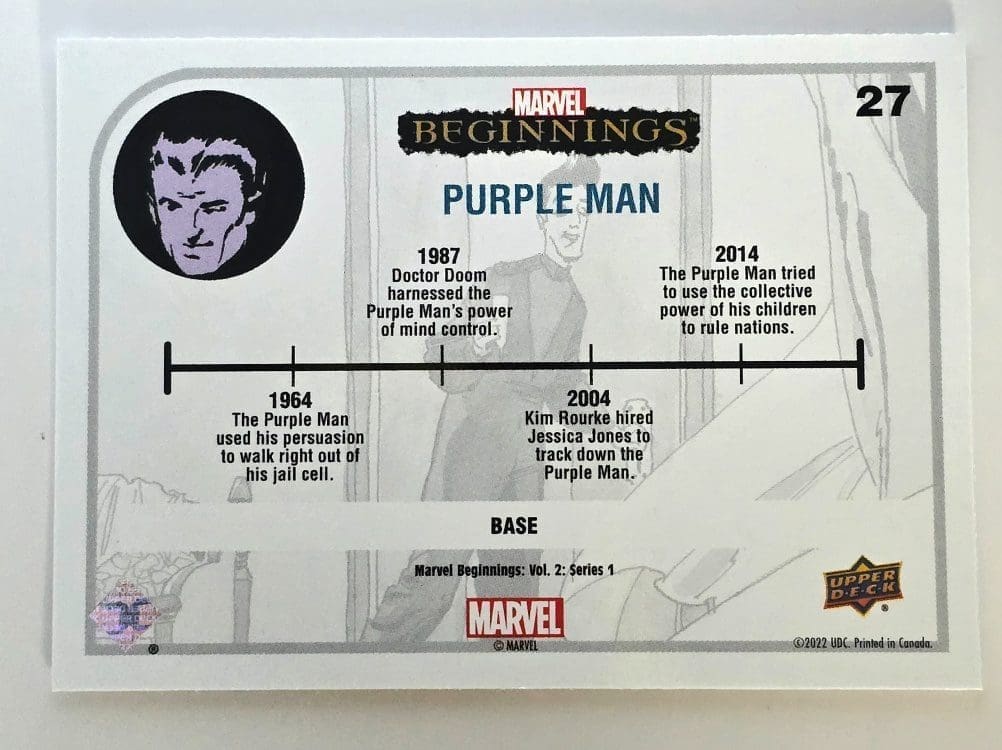 Purple Man Marvel Beginnings Upper Deck 2022 Volume 2 Series 1 Card #27 Back