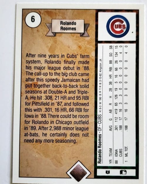 Rolando Roomes Rookie Upper Deck 1989 Card #6 Chicago Cubs Back