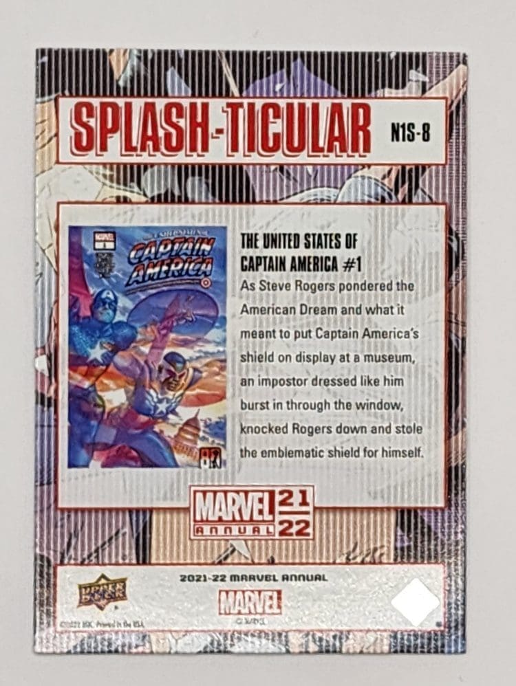 Splash-ticular Captain America #1 Upper Deck 2021 Marvel Card #N1S-8 Back