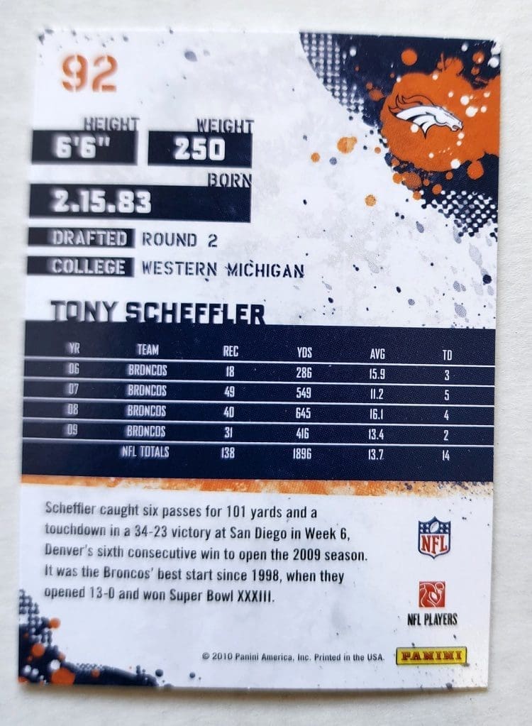 Tony Scheffler Score 2010 NFL Card #92 Denver Broncos Back
