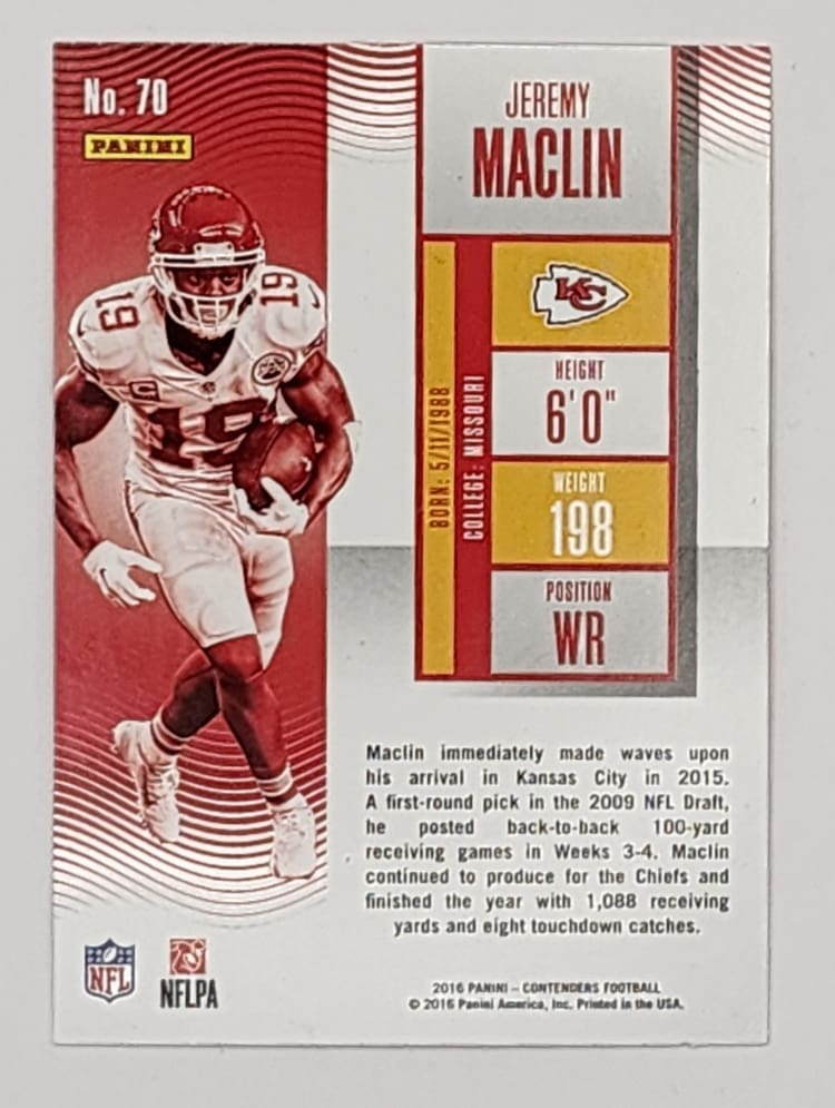 Jeremy Maclin Panini Contenders 2016 Card #70 Kansas City Chiefs Back