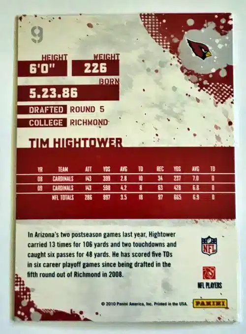 Tim Hightower Score 2010 #9 Arizona Cardinals Back
