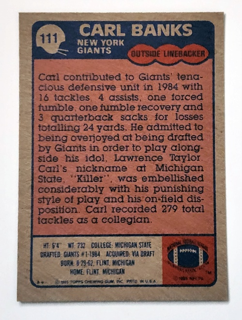 Carl Banks Topps 1985 #111 Back
