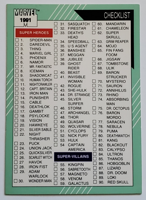 Marvel 1991 Power Ratings and Check List Impel Marketing Comics Cards