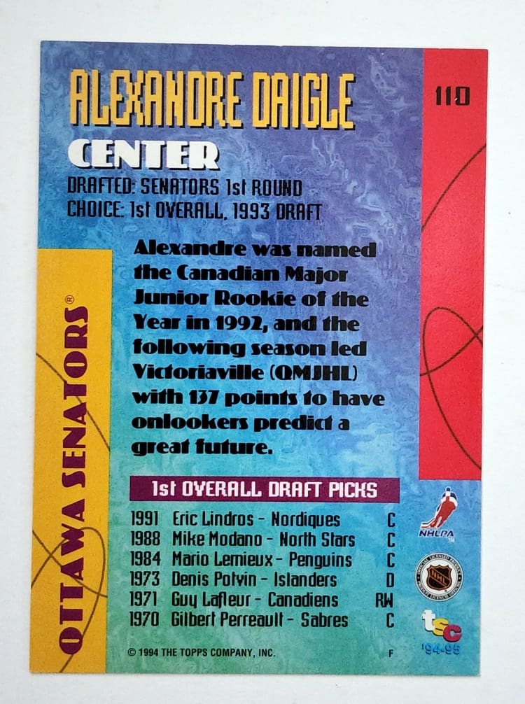 Alexandre Daigel Topps Stadium Club 1994 Card #110 Back