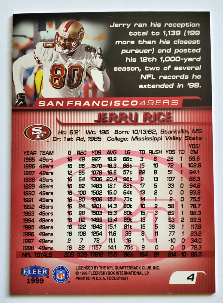 Jerry Rice Fleer 1999 Card 4 Back