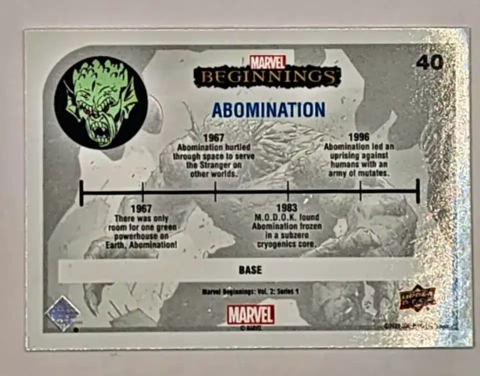 Abomination Marvel Beginnings Upper Deck 2022 Vol. 2 Series 1 Back  