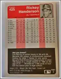 Rickey Henderson Fleer 1985 Card #425 Back