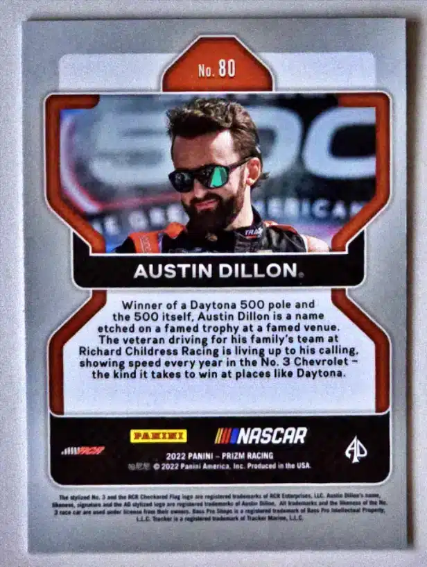 Austin Dillon Racing Panini Prizm 2022 #80 Back