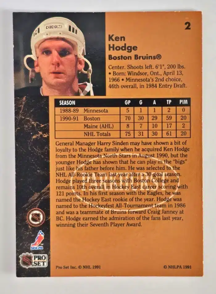 Ken Hodge Parkhurst 1991 Card #2 Back