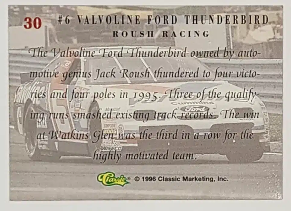#6 Valvoline Ford Thunderbird Classic 1996 Card #30 Back