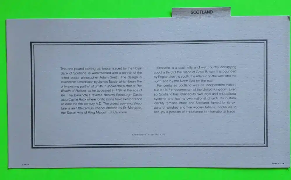 Scotland Banknote Information card