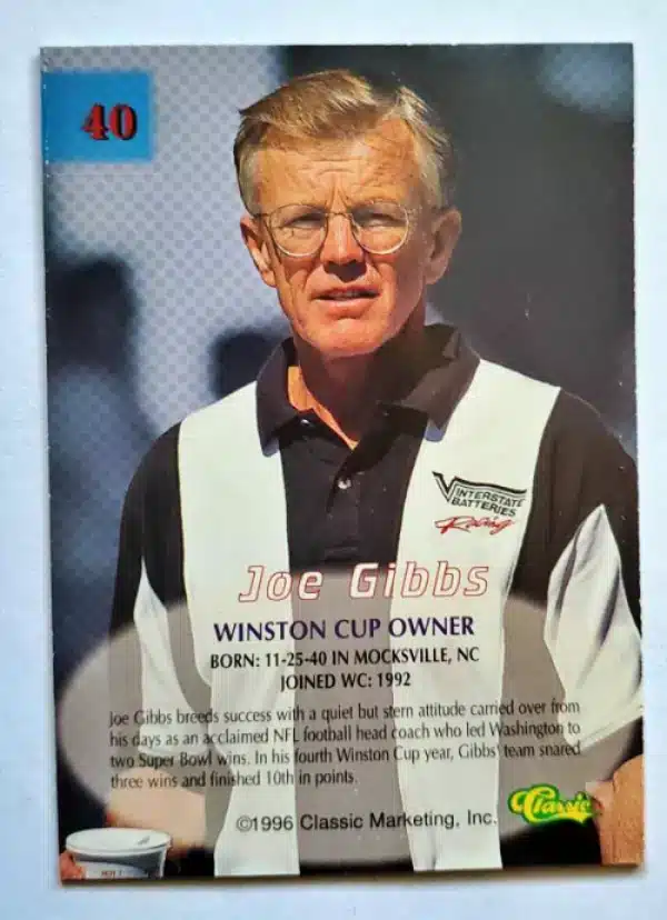 Joe Gibbs Classic 1996 Card #40 Back