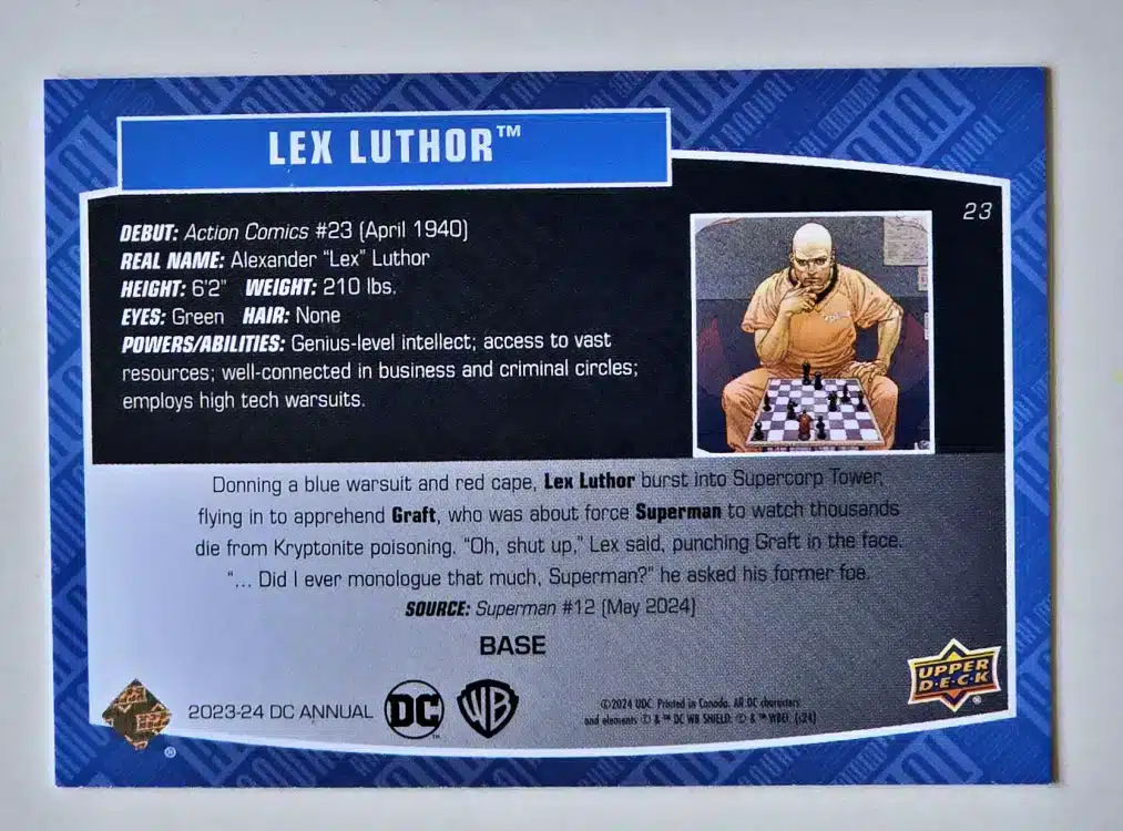 Lex Luthor Upper Deck 2023-24 Card #23 back