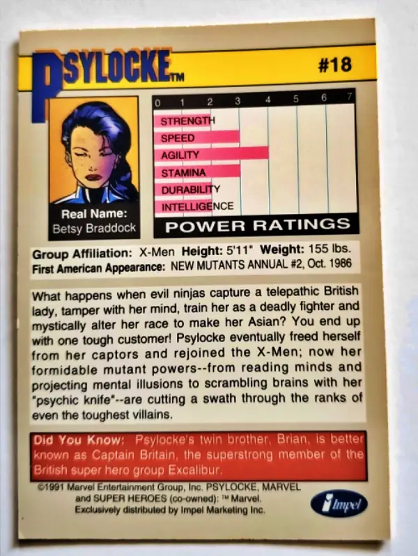 Psylocke Impel Marketing 1991 #18 Back