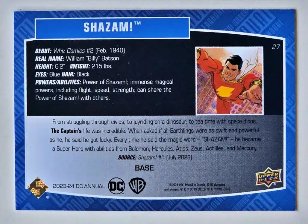 Shazam Upper Deck 2023-24 Card #27 Back