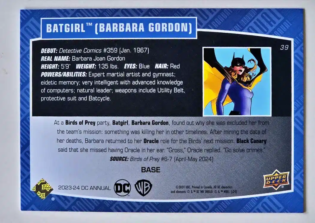 Batgirl Barbara Gordon Upper Deck 2023-24 Card #39 Back