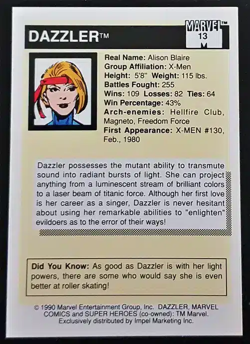 Dazzler 1990 Impel Marketing Card #13 back