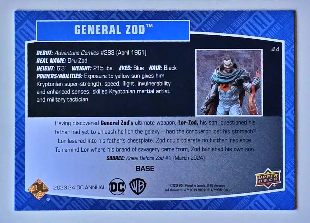 General Zod Upper Deck 2023-24 Card #44 back