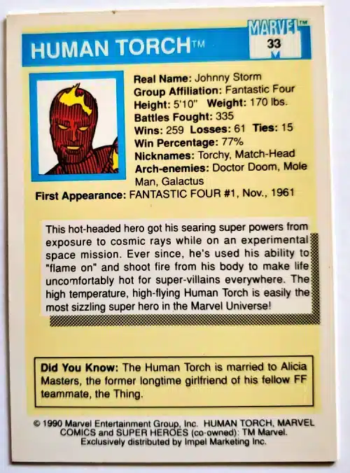 Human Torch Marvel 1990 Card #33 Back