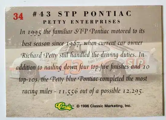 43 STP Pontiac Classic 1996 Card #34 Back