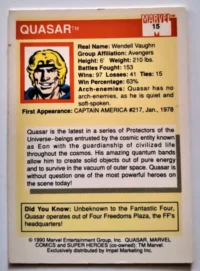 Quasar Marvel 1990 Card #15 back