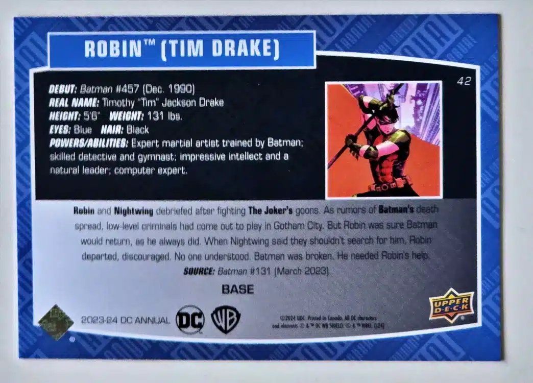 Robin Tim Drake Upper Deck 2023-24 Card #42 Back