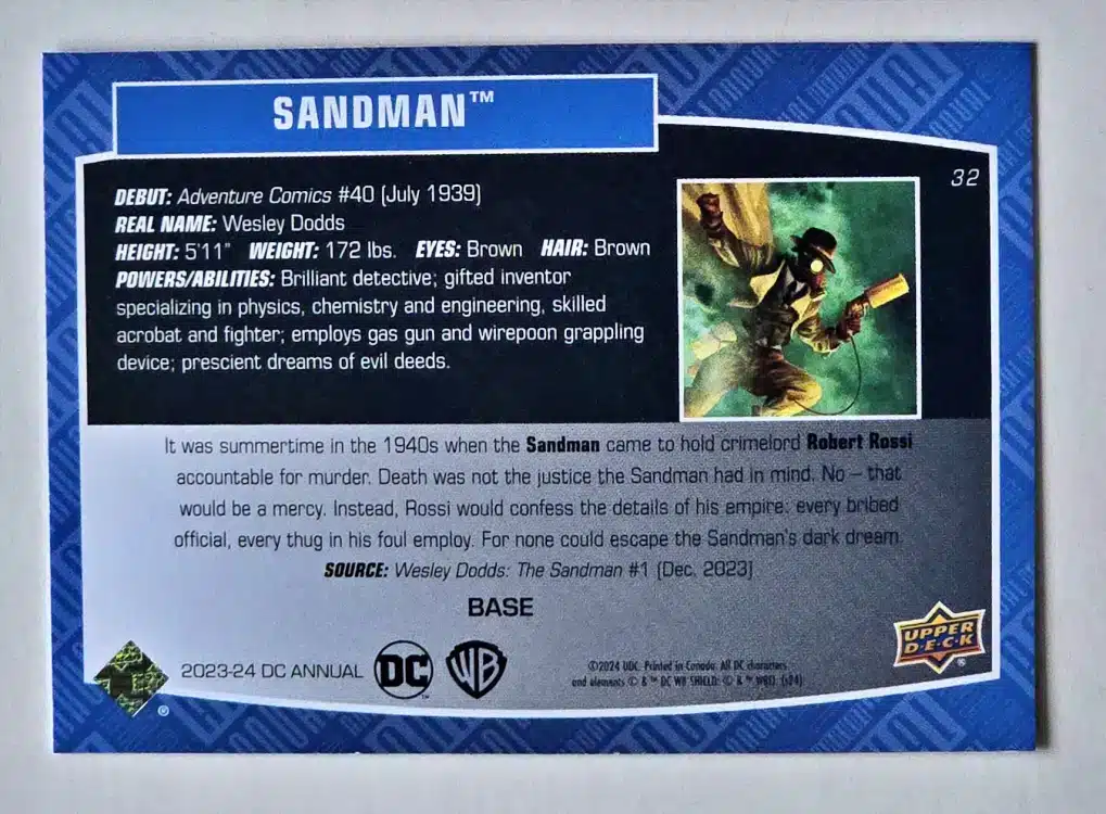 Sandman Upper Deck 2023-24 Card #32 back