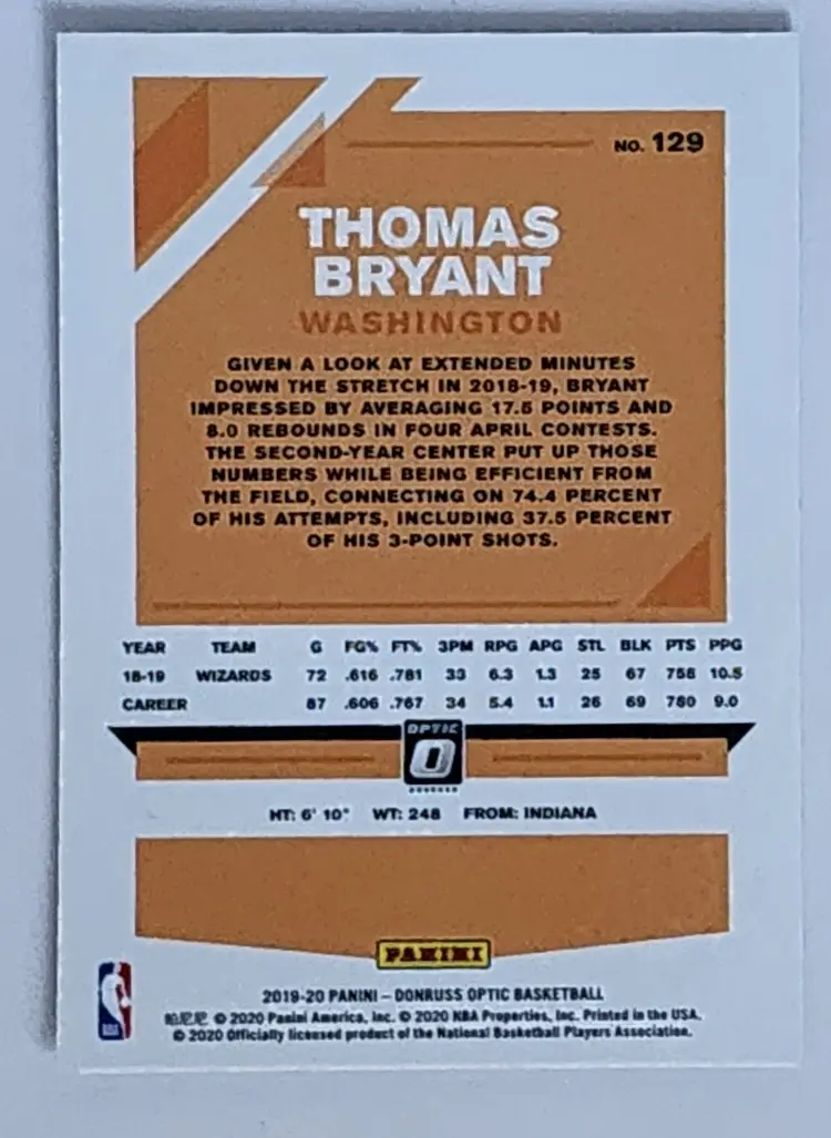 Donruss Optics 2019 Washington Wizards-Thomas Bryant #129 back