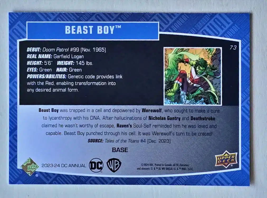 Beast Boy Upper Deck 2023-24 Card #73 back