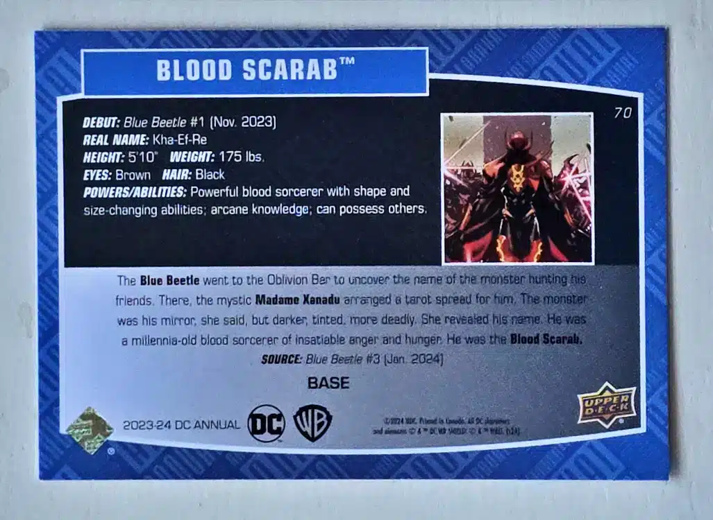 Blood Scarab Upper Deck 2023-24 Card #70 back