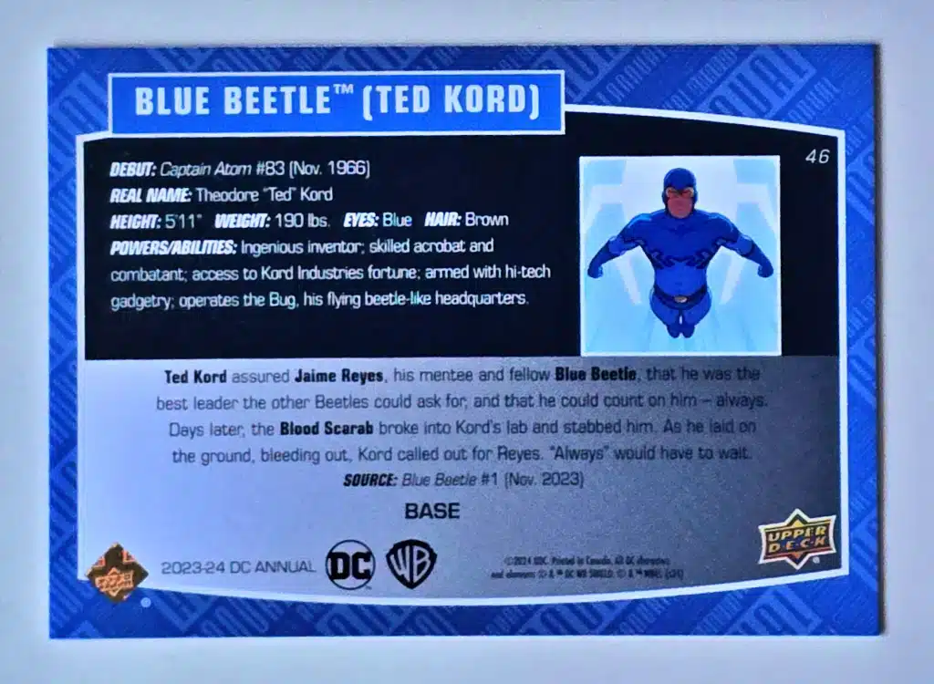 Blue Beetle Ted Kord Upper Deck 2023-24 Card #46 Back