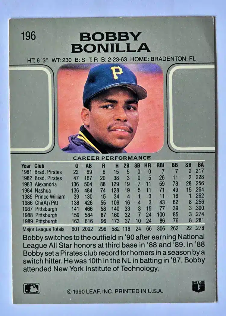 Bobby Bonilla Leaf 1990 Card #196 Back