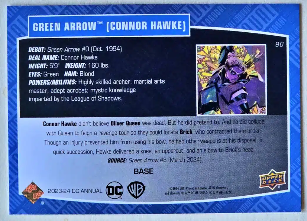 Green Arrow Conner Hawke Upper Deck 2023-24 Card #90 Blue Back