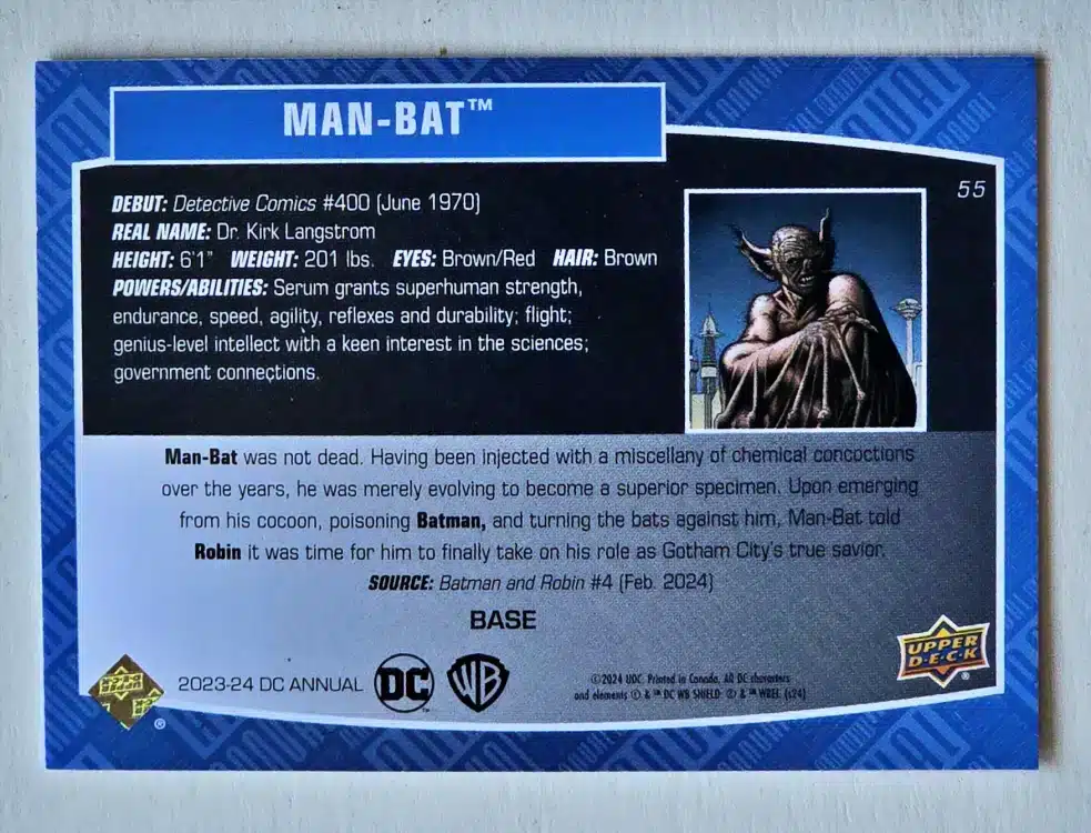 Man-Bat Upper Deck 2023-24 Card #55 back