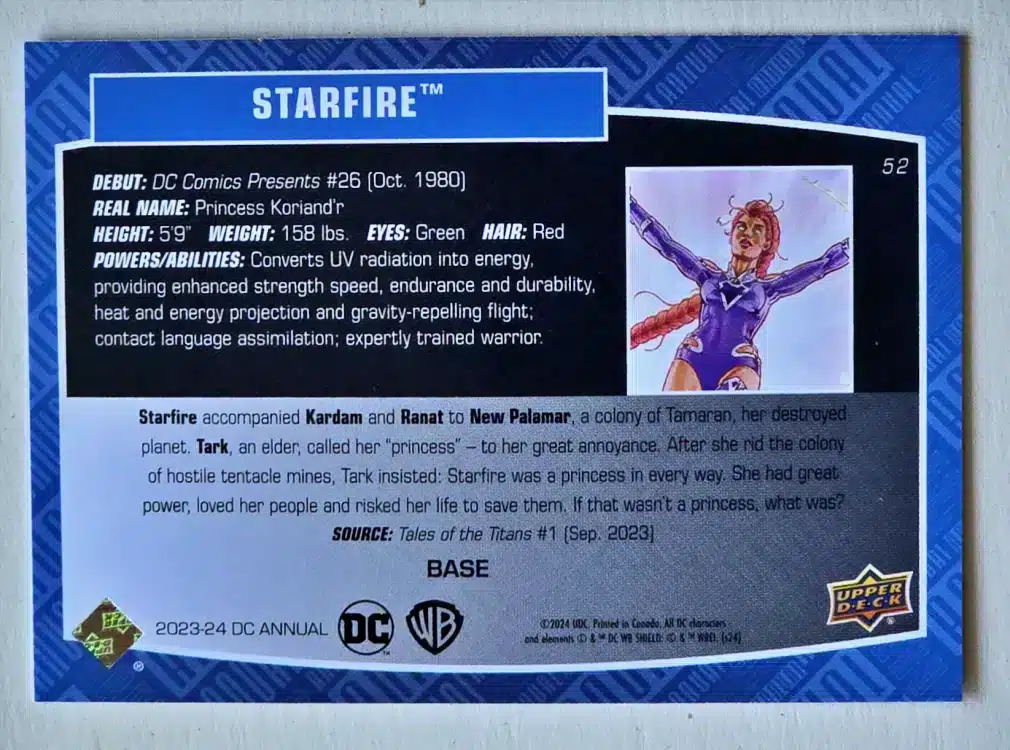 Starfire Upper Deck 2023-24 Card #52 back