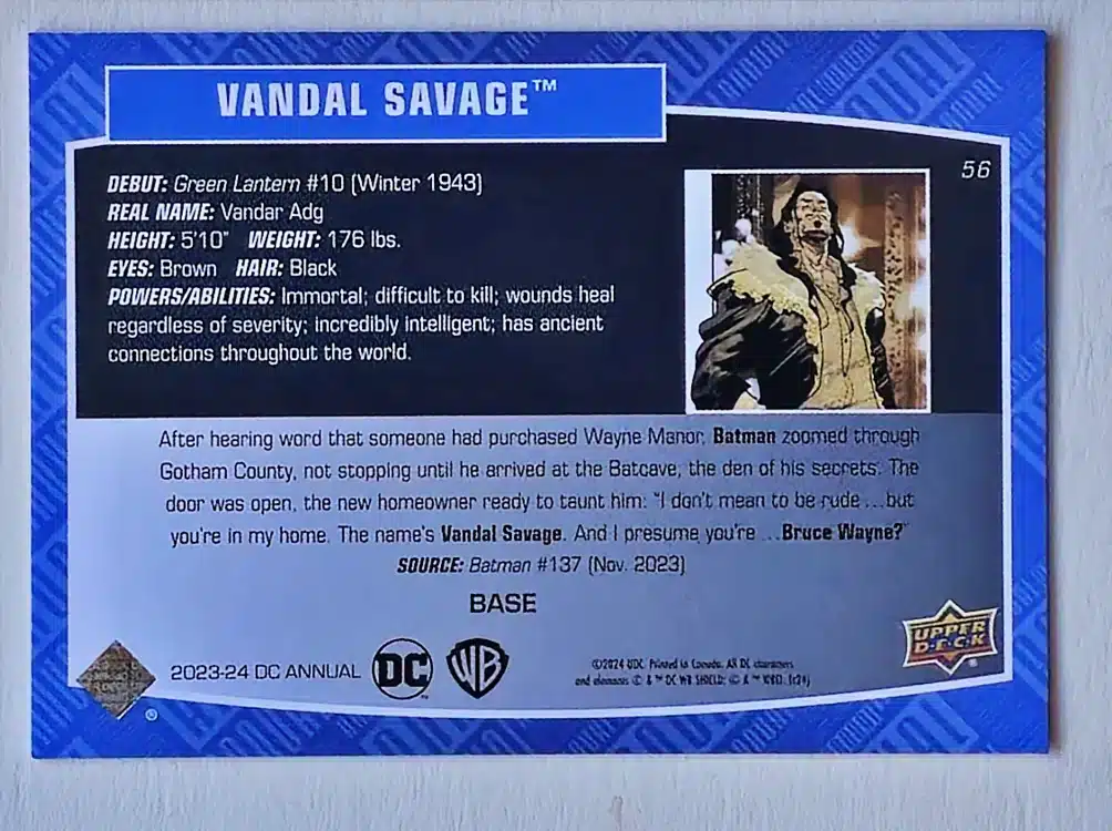 Vandal Savage Upper Deck 2023-24 Card #56 back
